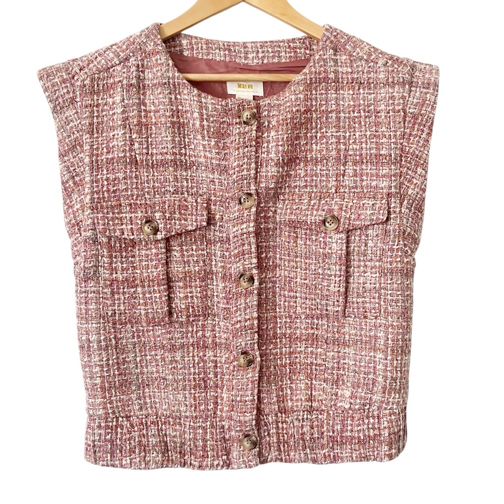 Anthropologie Maeve Extended Shoulder Button‎ Front Pink Tweed Vest Size Small